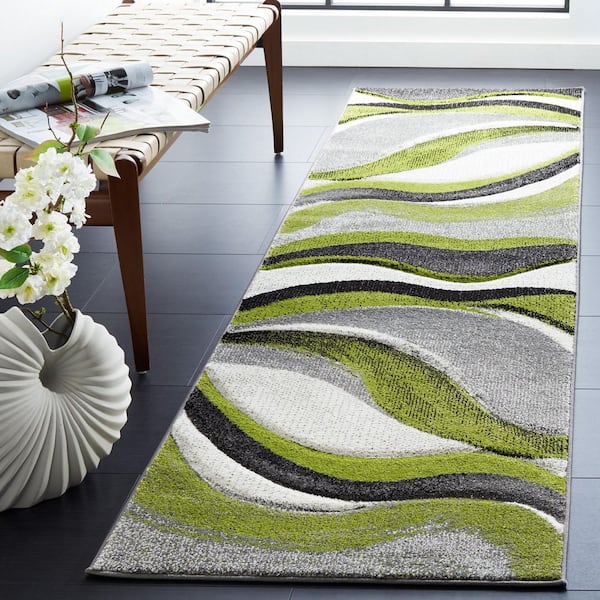 Hollywood 2 ft. x 10 ft. Gray/Green Gradient Waves Runner Rug