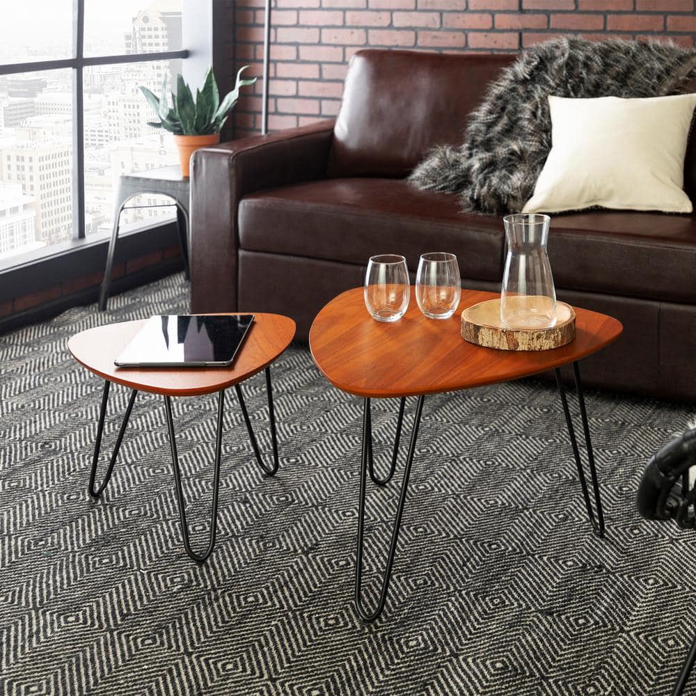Walnut Triangular Wood Nesting Coffee Tables with Hairpin Legs
