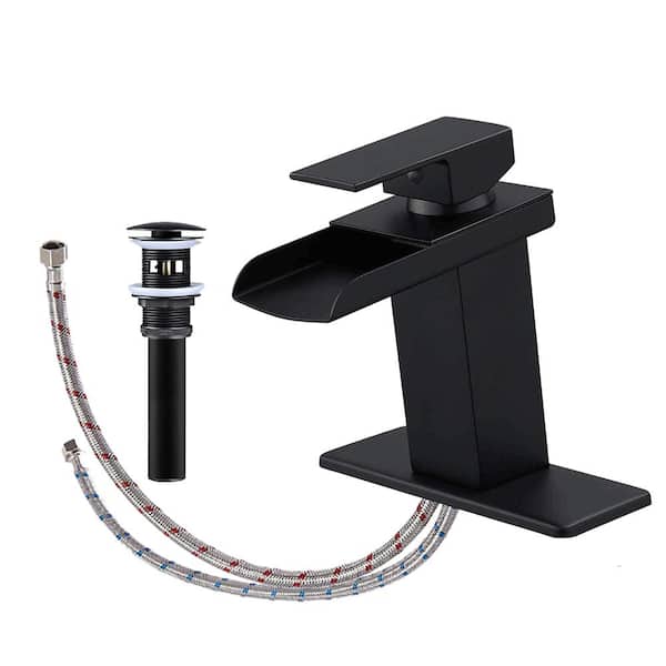 Fapully Single Hole Waterfall Single Handle Vanity Sink Bathroom Faucet with Escutcheon and Pop-Up Drain Assembly in Matte Black
