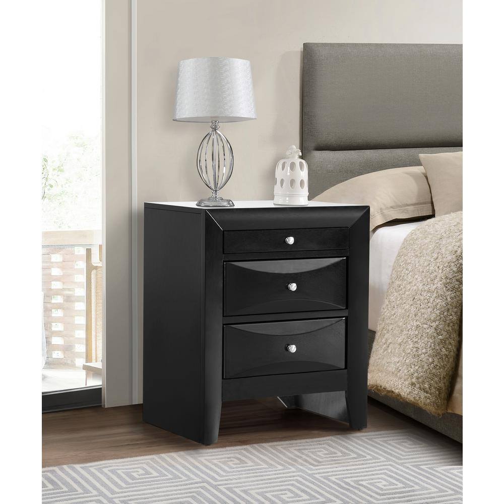 Marilla 3-Drawer Black Nightstand (28 in. H x 23 in. W x 17 in. D)
