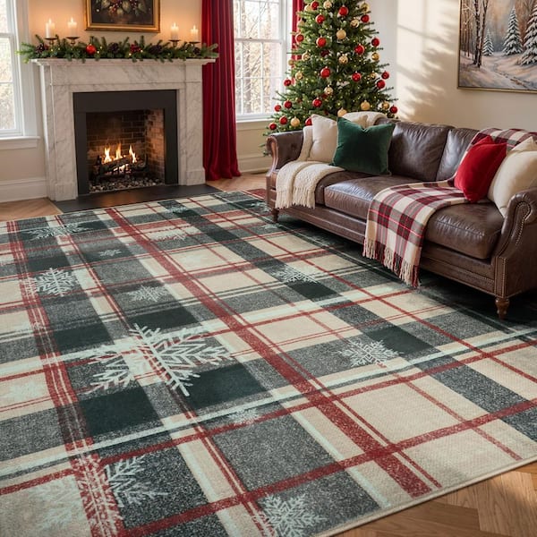 8 ft. x 10 ft. Christmas Farmhouse SnowFlake Rustic Plaid Washable Non Slip Living Room Bedroom Red and Black Area Rug
