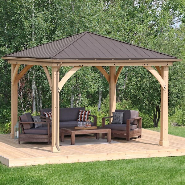 Meridian 12 ft. x 12 ft. Outdoor Patio Shade Gazebo with Coffee Brown Aluminum Roof and Rain Gutter Kit Bundle Included