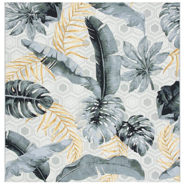 SAFAVIEH Barbados Gray/Gold 8 ft. x 8 ft. Square Floral Geometric Indoor/Outdoor Area Rug