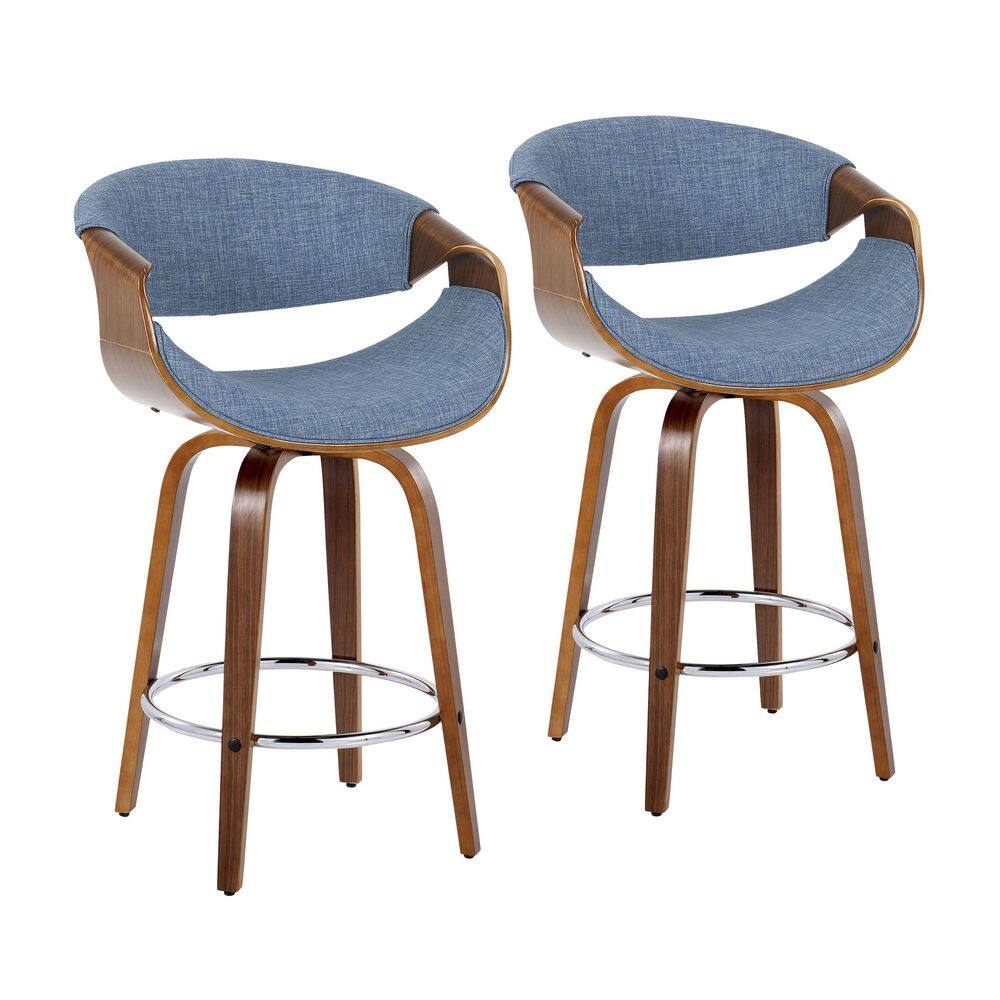 Curvini 25.5 in. H Blue Fabric, Walnut Wood and Chrome Metal Fixed-Height Counter Stool with Bent Wood Legs (Set of 2) price history on PriceWatchPro