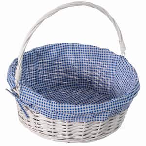 Traditional White Round Willow Gift Basket with Blue and White Gingham Liner and Sturdy Foldable Handles, Large