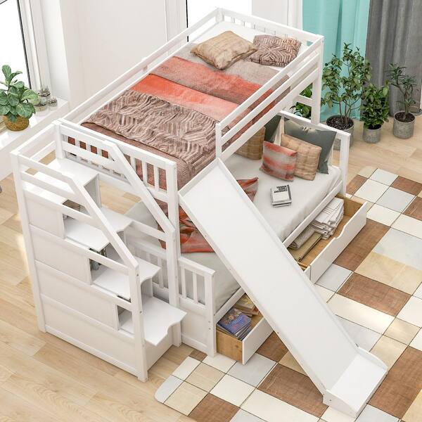 Harper Bright Designs White Twin Over, Bunk Bed With Trundle And Slide
