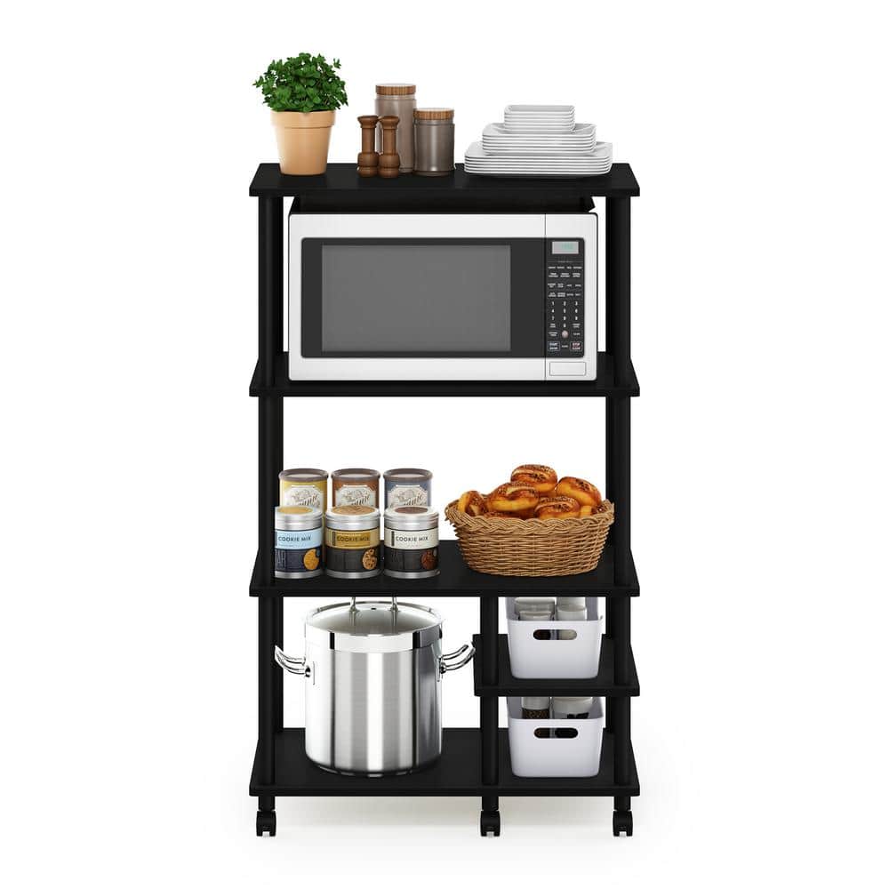 Black Wood 4-Tier Kitchen Cart with Storage and Lockable Casters
