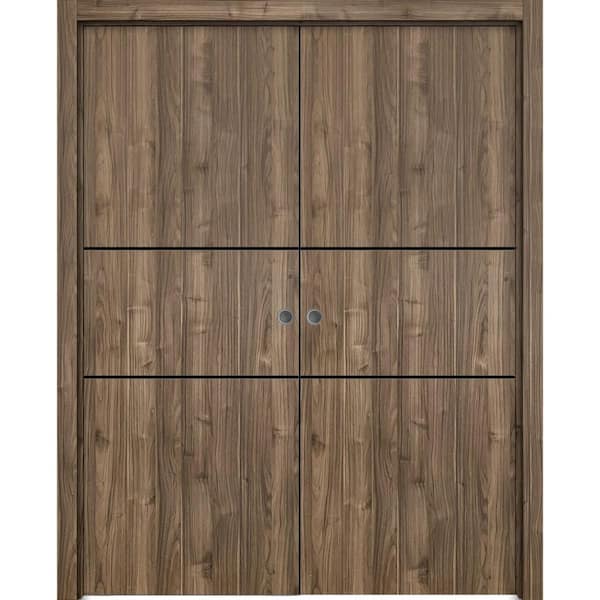 Sartodoors 60 in. x 84 in. 2 Panel Walnut Finished Solid Wood with Honeycomb Sliding Door with Hardware