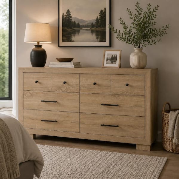 Poxy Light Oak Brown 6 Drawer 61 in. Wide Dresser with Nickel Metal