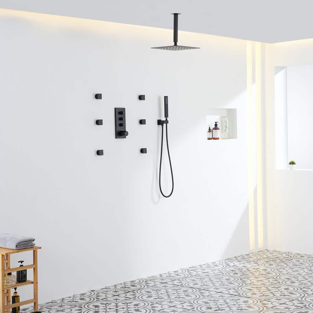 Matte Black Large Square Ceiling Mounted Dual Shower System