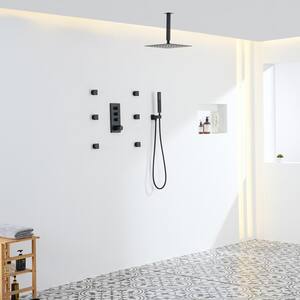 Thermostatic 12 in. 1-Spray Dual Ceiling Mount Fixed and Handheld Shower Head 1.8 GPM with 6 Body Jets in Matte Black