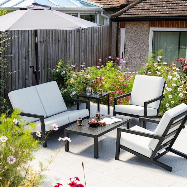 EGEIROSLIFE 5-Piece Gray Aluminum Patio Conversation Set with Coffee Table and Gray Cushions