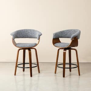 Seat Height 21.75 in. Mid-Century Modern Gray Fabric Swivel Counter Stool with Walnut Bentwood Base (Set of 2)