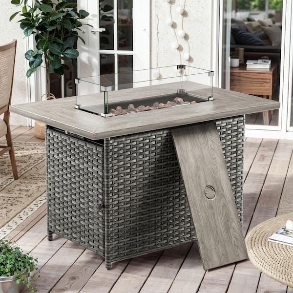 Arcline 41 In. 50000 BTU Rectangle Gray Wicker Outdoor Gas Fire Pit Table with Volcanic Stone