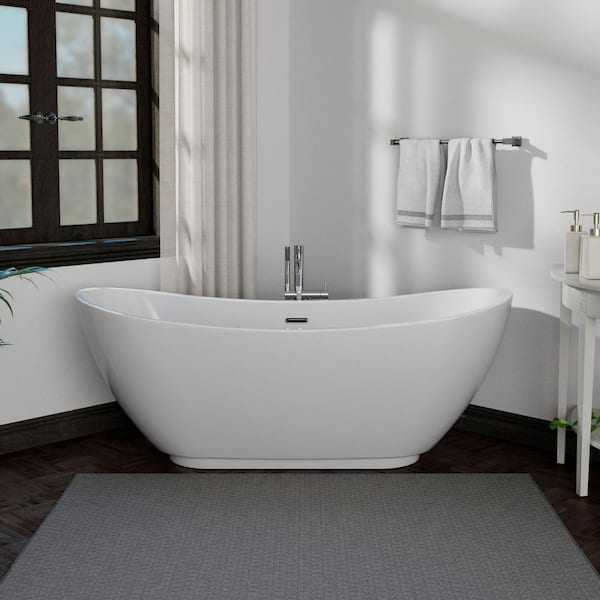 69 in. Acrylic Flatbottom Double Slipper Freestanding Soaking Bathtub in White with Polished Chrome Overflow and Drain