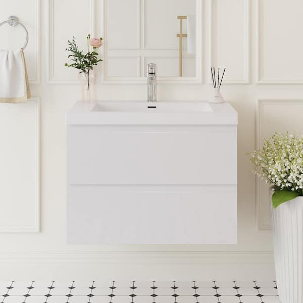 Abruzzo 30 in. W x 19-3/4 in. D x 22-1/5 in. H Bathroom Wall Hung Vanity in White with Single Basin Vanity Top in White Resin