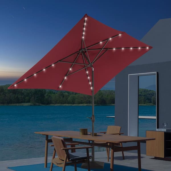 Sonkuki 6 ft. x 9 ft. Aluminum Pole Outdoor Market Umbrella Solar LED Lighted Rectangular Patio Umbrella, Chili Red