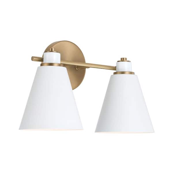 Capital Lighting Fixture Company Bradley 15 in.W x 9 in.H 2-Light Aged Brass Vanity Light with White Metal Shade with White Interior