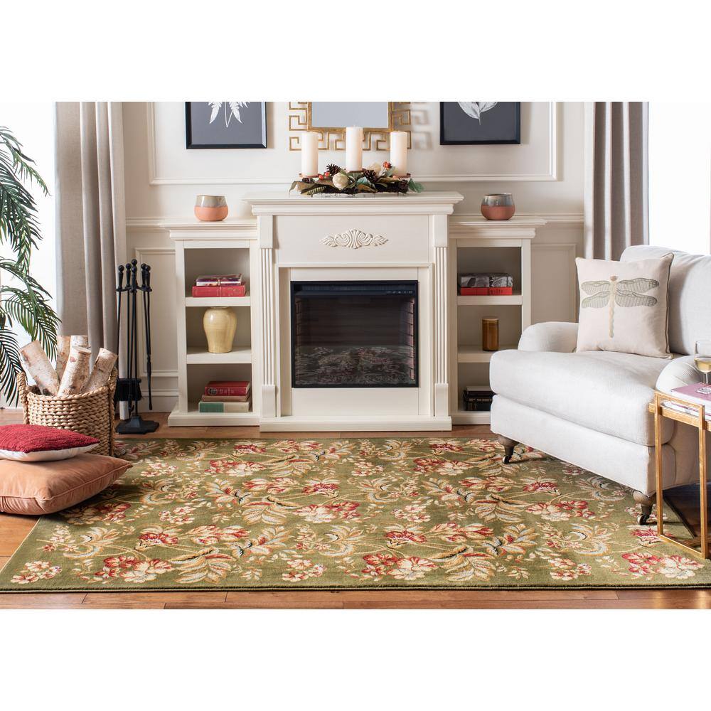 Handmade Sage and Red Synthetic Floral Area Rug, 5'3" x 7'6"