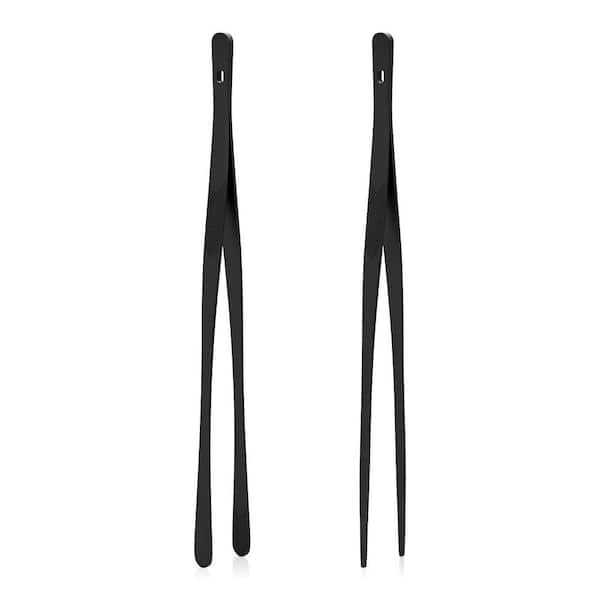 Black Stainless Steel Cooking Tongs 2-Pieces, Precision Serrated Tip Kitchen Tweezers for Serving, BBQ, Salad