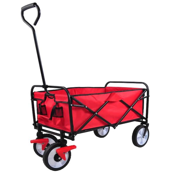 JimsMaison 4.1 cu. ft. Red Metal Folding Garden Cart with Wheels Brakes.