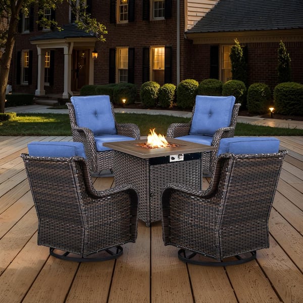 Brown 5-Piece Wicker Patio Fire Pit Set, Outdoor 4-Person Seating Set with Olefin Navy Blue Cushions and Swivel Rockers