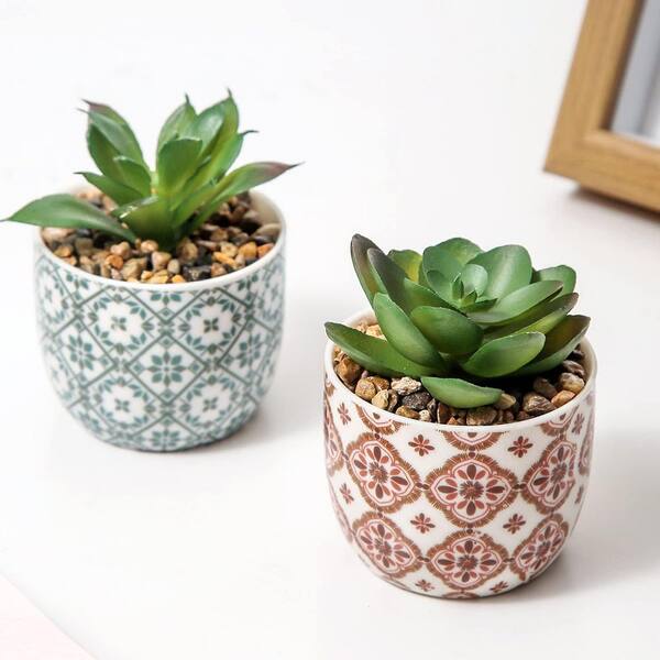 Unbranded 2.5 in. Succulent Series 3.25 in. Green Indoor Artificial Plant 2  Pack Ceramic Potted for Home Office Desk Decor 59C1124D1933
