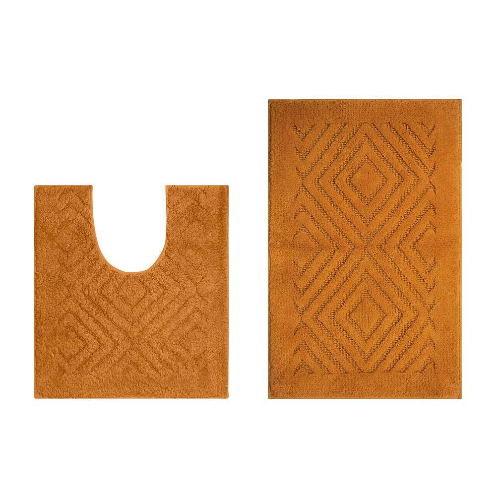 Orange Diamond Pattern Cotton Bath Rug Set