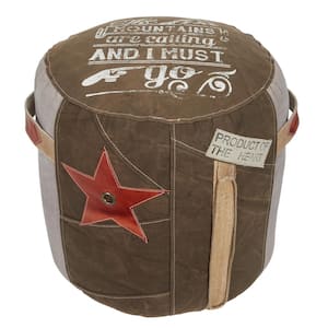 19 in. Brown Canvas with Leather Accents Pouf