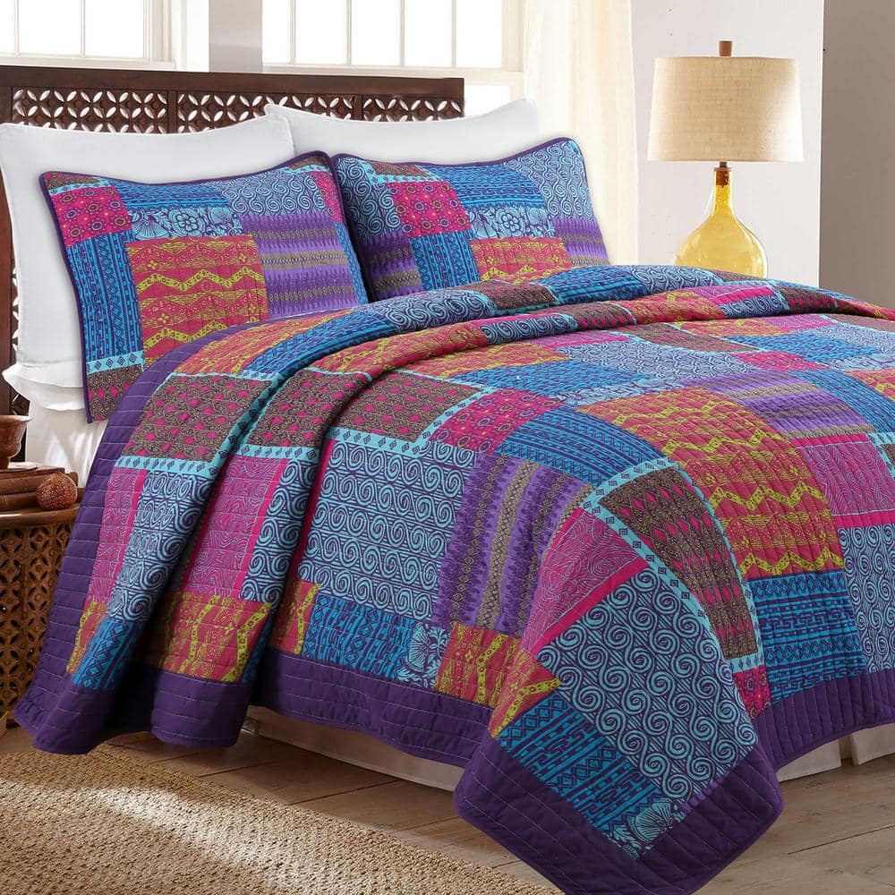 Bohemian Purple and Fuchsia Cotton King Quilt Set