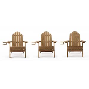 Brown Foldable Plastic Outdoor Patio Adirondack Chair with Cup Holder for Garden/Backyard/Firepit/Pool/Beach (Set of 3)