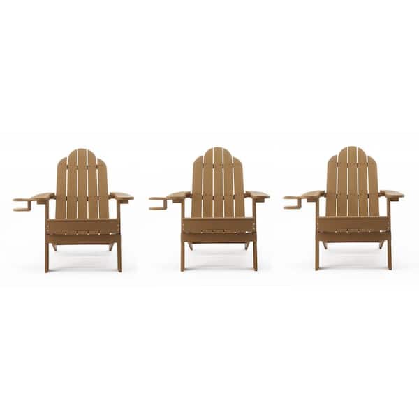 LUE BONA Brown Foldable Plastic Outdoor Patio Adirondack Chair with Cup Holder for Garden/Backyard/Firepit/Pool/Beach (Set of 3)