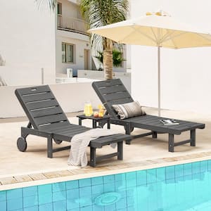 Heli Recycled Dark Gray Patio Lounge Chair Plastic Stackable Outdoor Chaise Lounge Chair With Table Set of 3