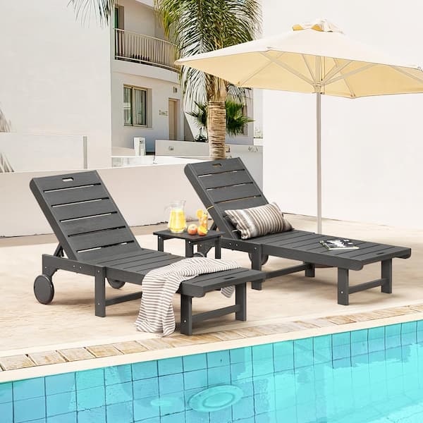 LUE BONA Heli Recycled Dark Gray Patio Lounge Chair Plastic Stackable Outdoor Chaise Lounge Chair With Table Set of 3