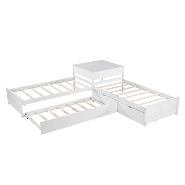 ANBAZAR White Twin Size L-Shaped Platform Beds with Trundle and 2-Drawers Wooden 3-Kids Platform Bed Frame with Built-in Desk