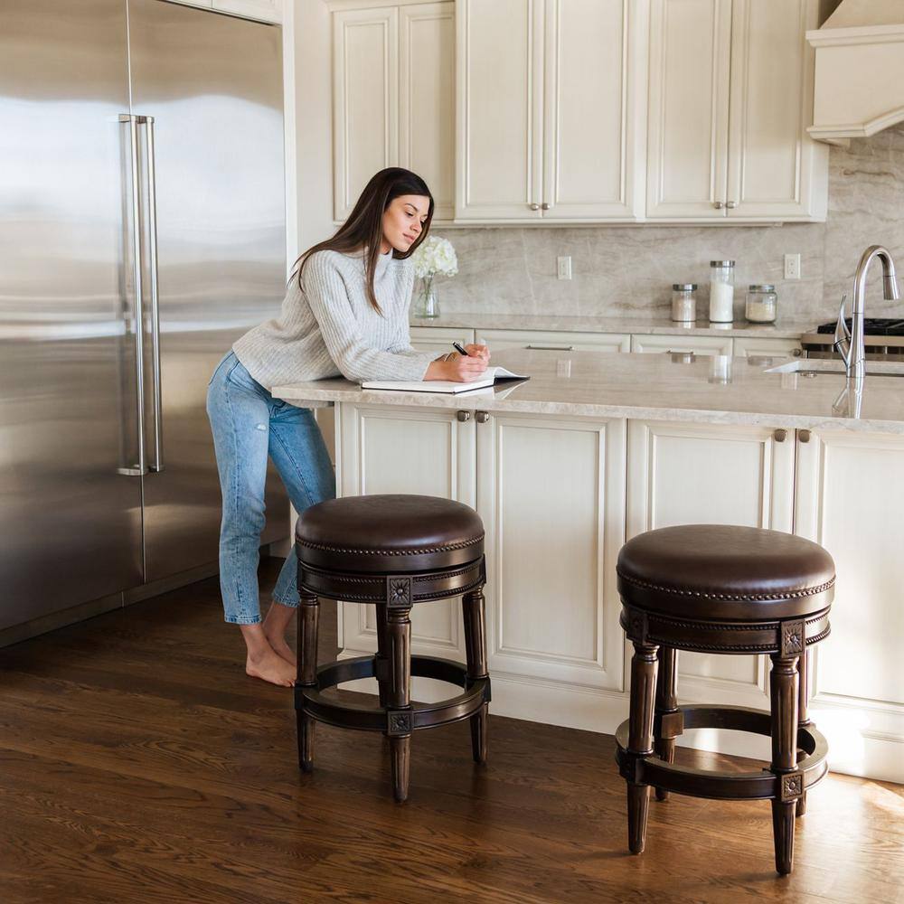 Dark Walnut Backless Swivel Bar Stool with Leather Seat