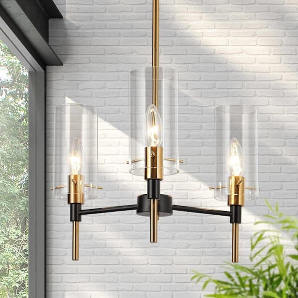 Modern 3-Light Black/Brass Chandelier Lighting, Mid-Century Pendant Light with Cylinder Clear Glass Shades for Kitchen