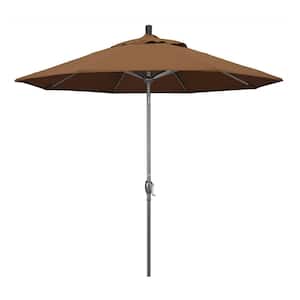 9 ft. Hammertone Grey Aluminum Market Patio Umbrella with Push Button Tilt Crank Lift in Teak Sunbrella