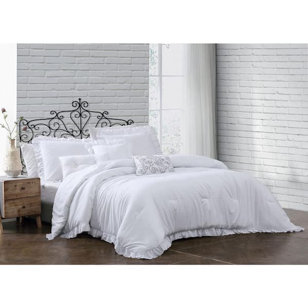 Unbranded Davina 6-Piece Solid White Enzyme Washed Queen Comforter Set with 3 Decorative Pillows