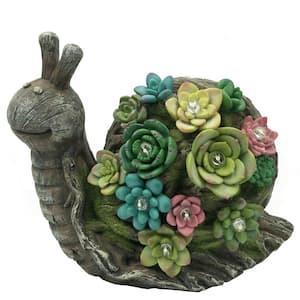 Outdoor 8-Light 8 in. Integrated LED Wood Look Snail with Succulents Garden Light in Brown