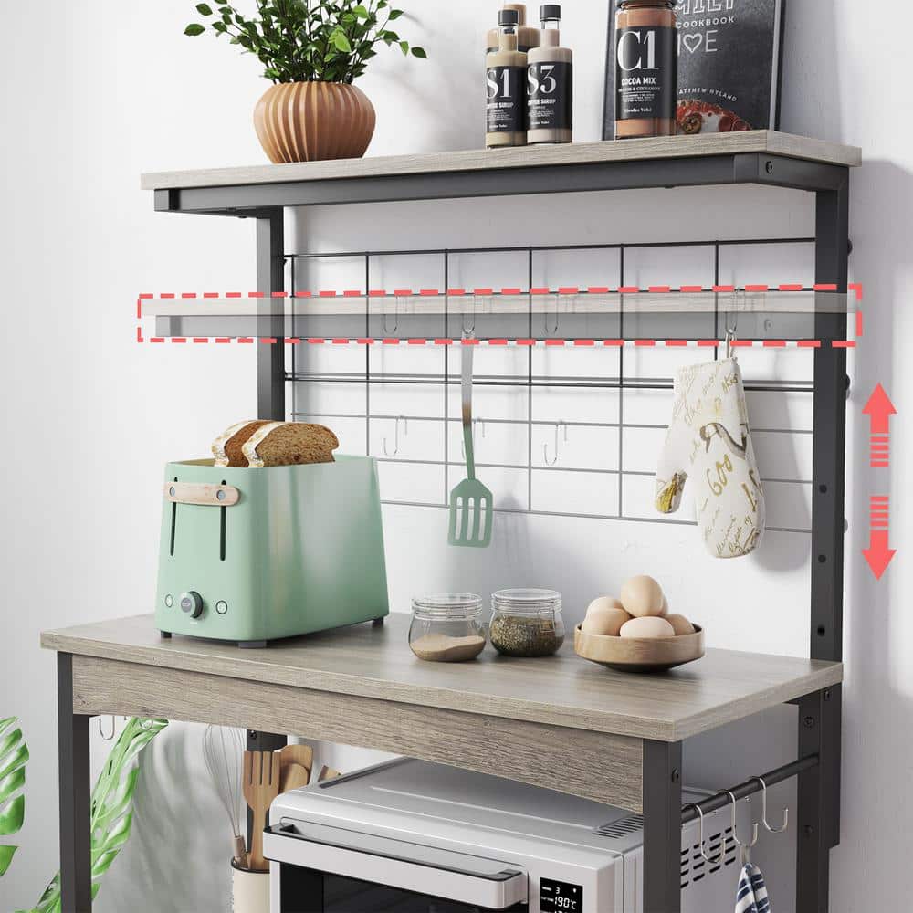 Grey Wash 3-Tier Baker's Rack with Storage Cabinet and Hooks