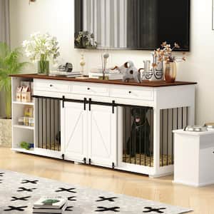 86.6 in. Large Dog Crate Furniture, XXL Dog Kennel for 2 Medium Large Dogs Indoor w/Storage Shelves and 3-Drawers, White