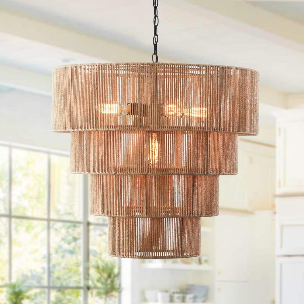 5-Light Beige Oversize 4-Tiered Pendant Light with Rattan Shade price history on PriceWatchPro