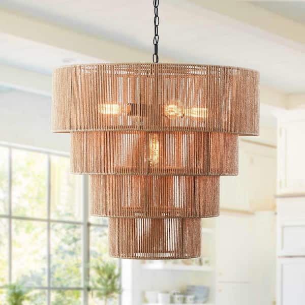 5-Light Beige Oversize 4-Tiered Pendant Light with Rattan Shade