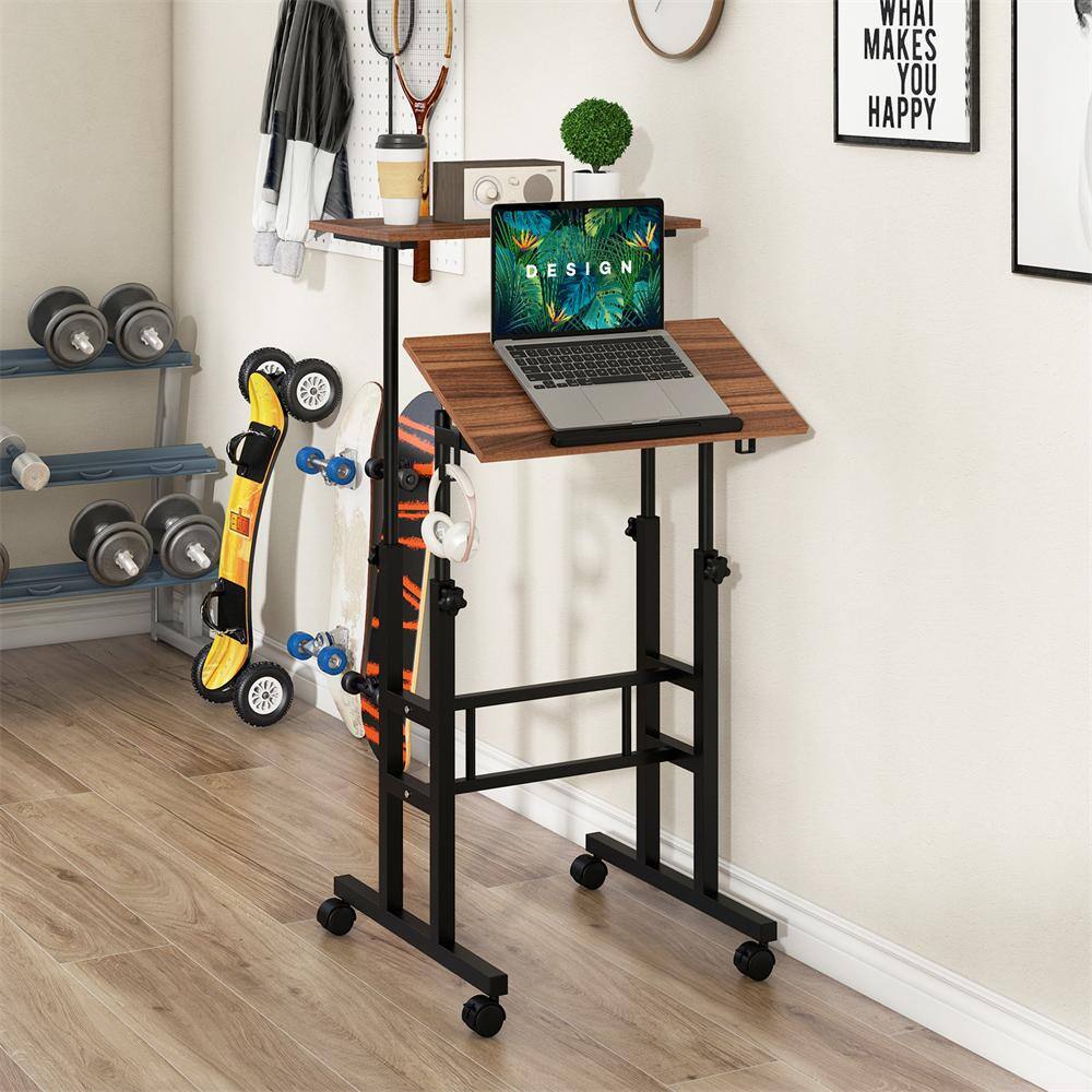 Walnut Adjustable Height Standing Desk with Drawer and Headphone Hook