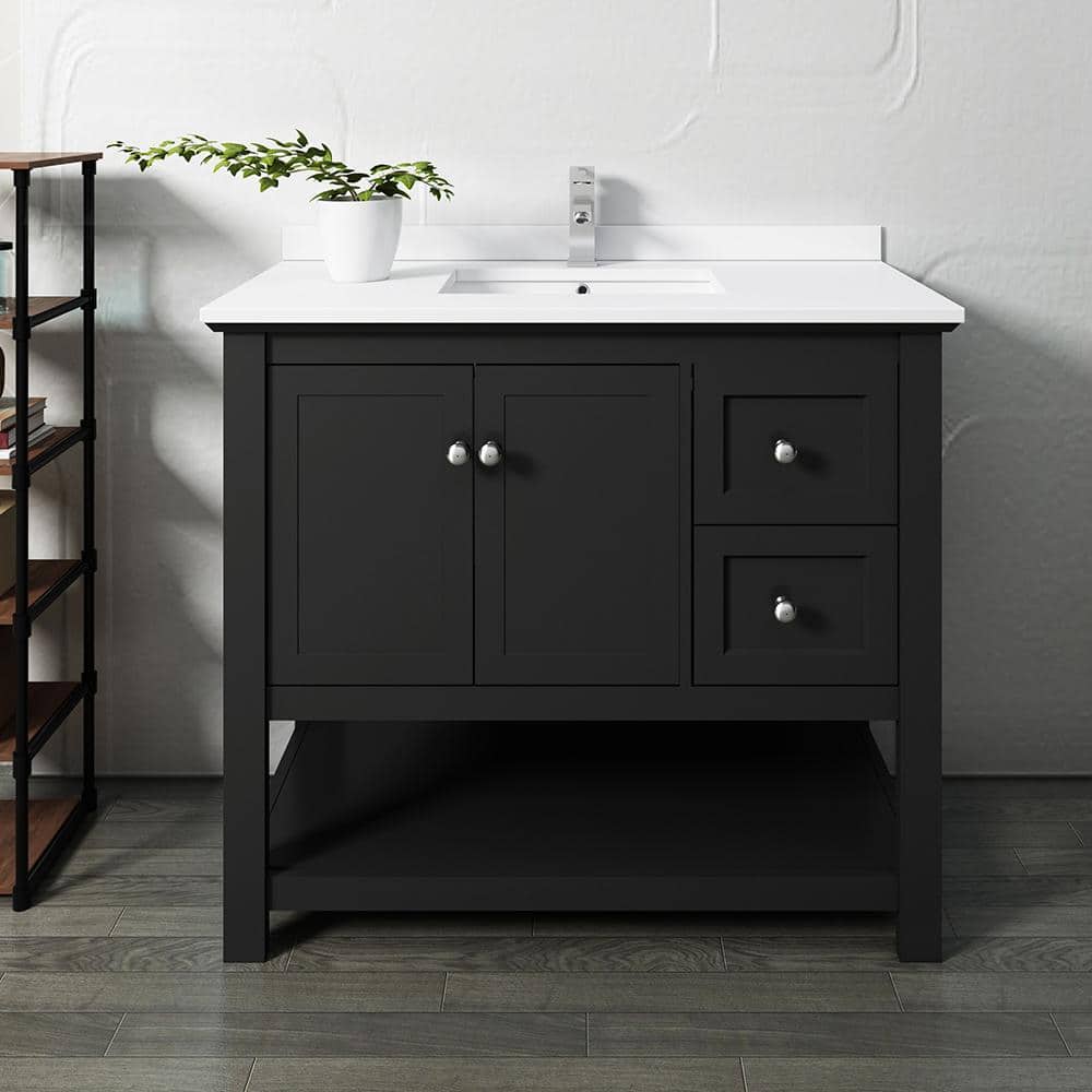 Elegant 42" Black Quartz Top Solid Wood Freestanding Vanity with Sink