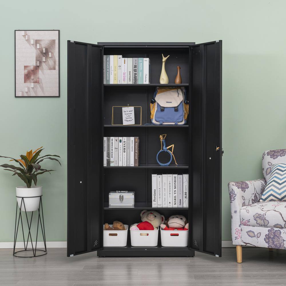 Black Metal Storage Cabinet with 2-Doors and 4 Shelves, Lockable Tall ...