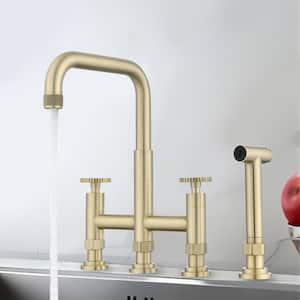Double-Handle Bridge Kitchen Faucet with Side Spray in Brushed Gold