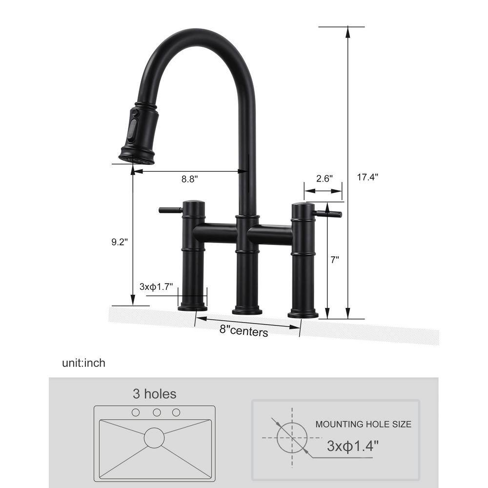 Matte Black Double Handle Bridge Kitchen Faucet with Pull-Out Spray
