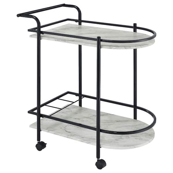 Tileon Marble Serving Cart with Wine Rack, Kitchen Storage Cart with 4 Casters Roll Smoothly, 2 Lockable, Bottle Holder-Black